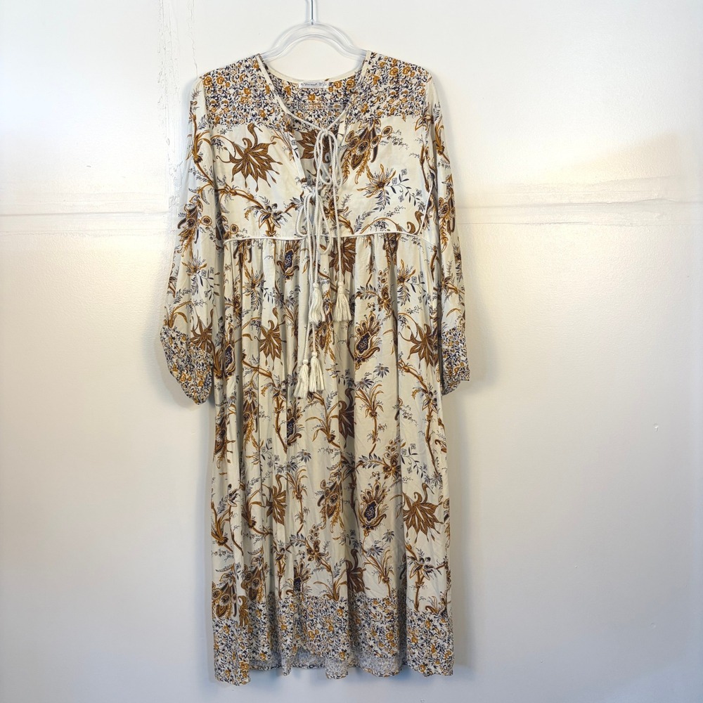 R.Vivimos Boho Floral Patchwork Midi Dress Tassel Tie V-Neck L